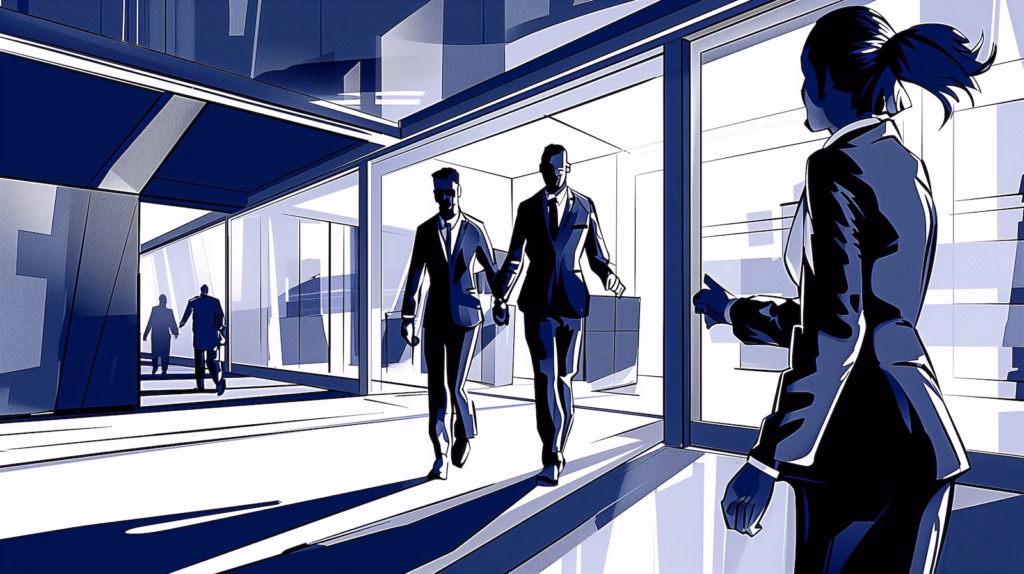 A vertiport concierge greeting passengers in a high-end terminal lobby